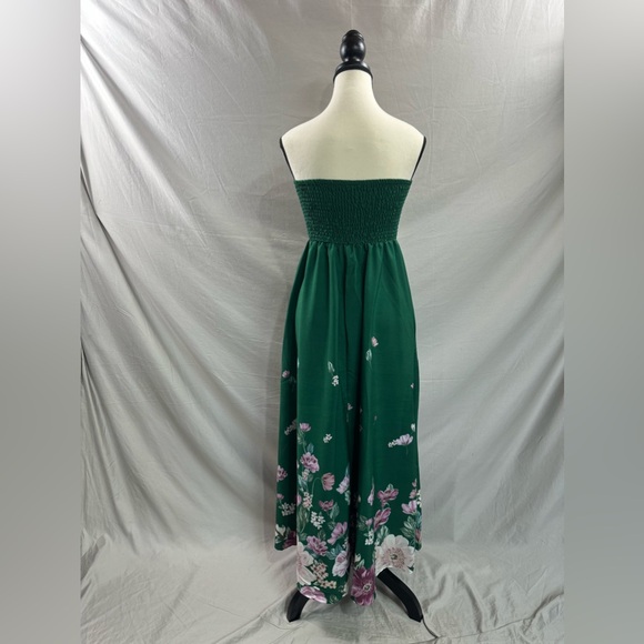 Floral Print Strapless Shirred A-Line Dress Green - Picture 8 of 8
